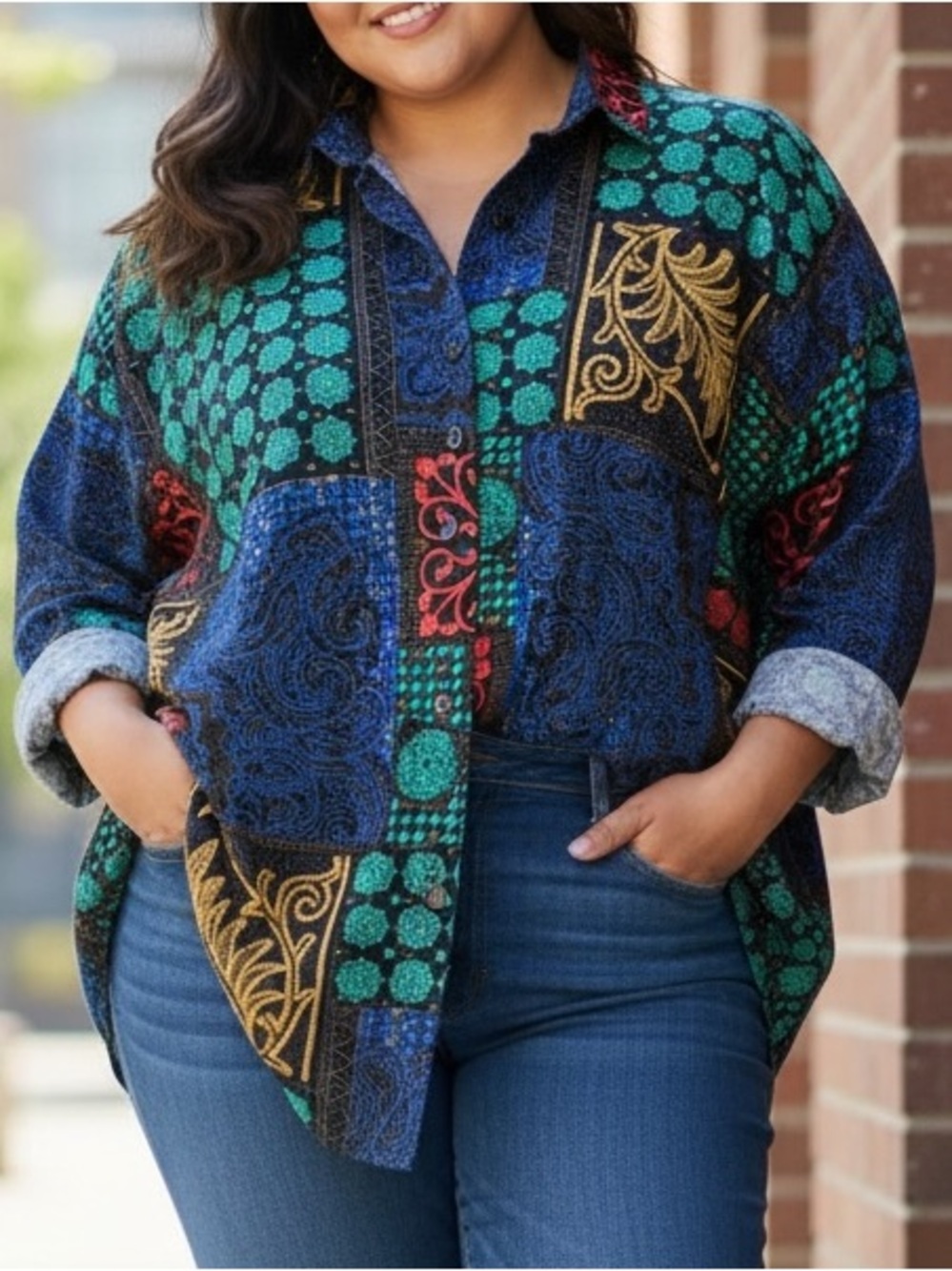 Vintage Cabrais Plus Artsy Patchwork Print Button-Up Shirt - Multicolor | Sz 20W